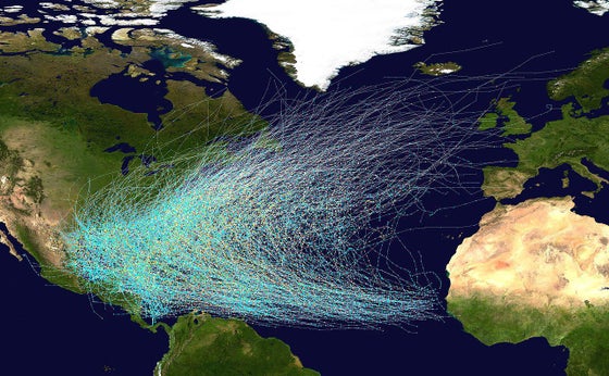Map of hurricane paths in the Atlantic Ocean